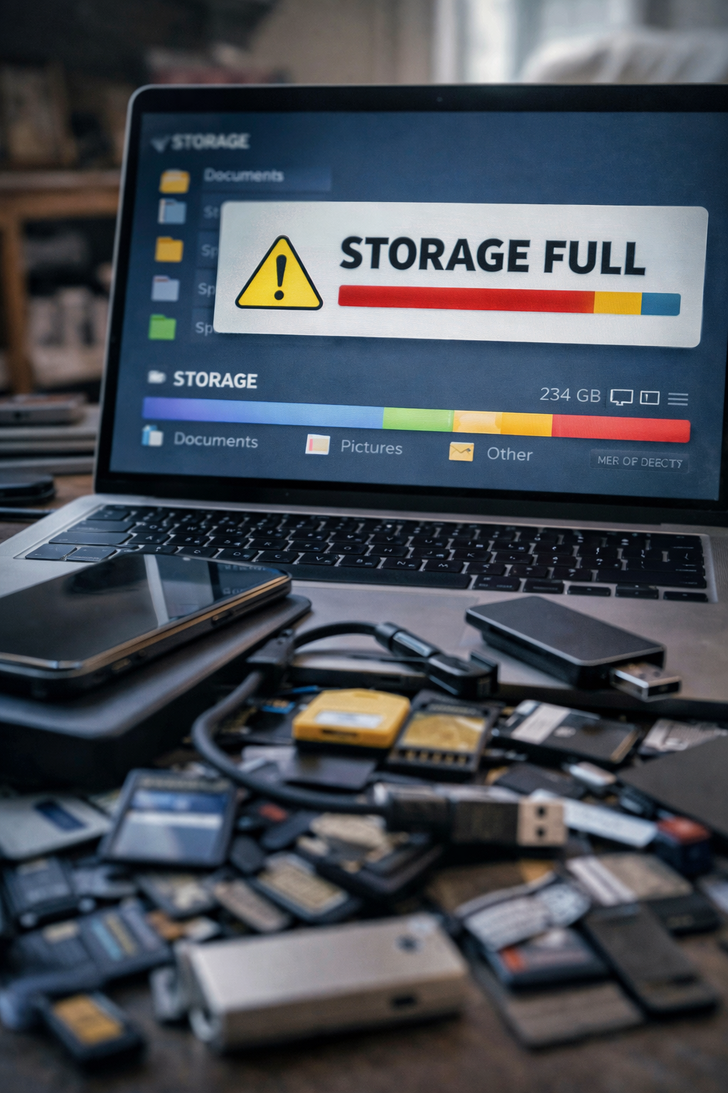 Smartphone or laptop storage management scene with files, folders, and clean blue tech aesthetic