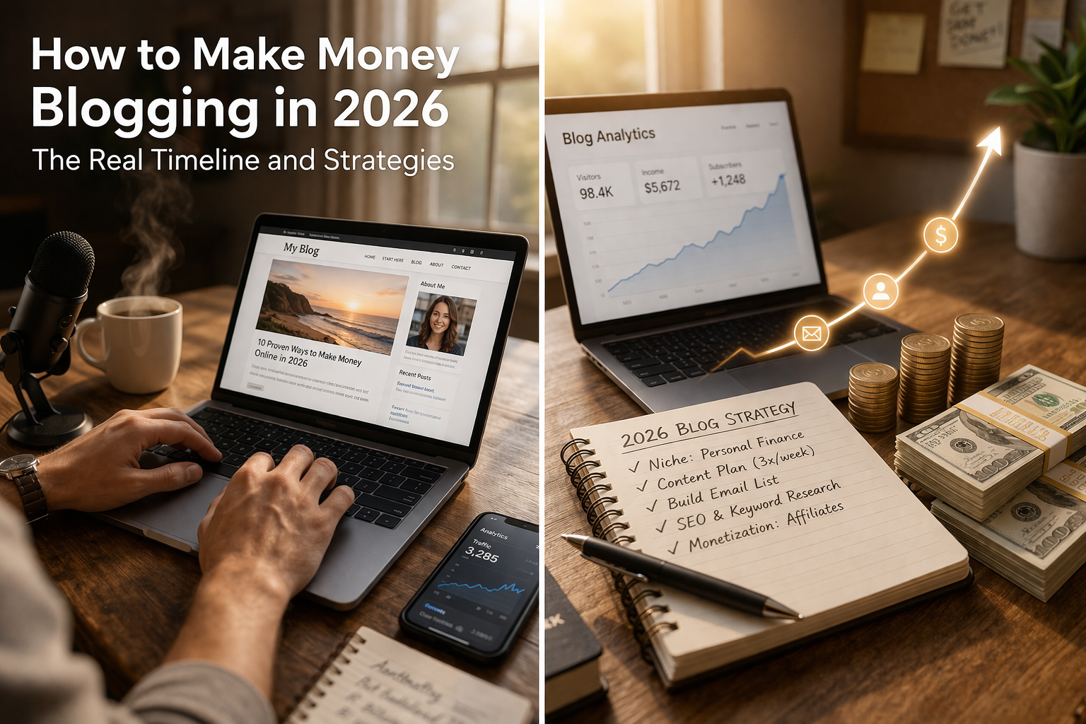 Blogger working on content with analytics, traffic growth, and multiple monetization streams displayed