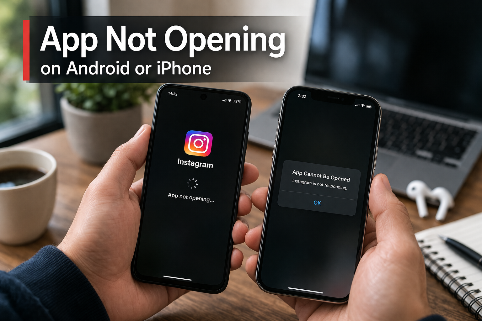 Smartphone showing an app launch problem in a clean blue tech setup