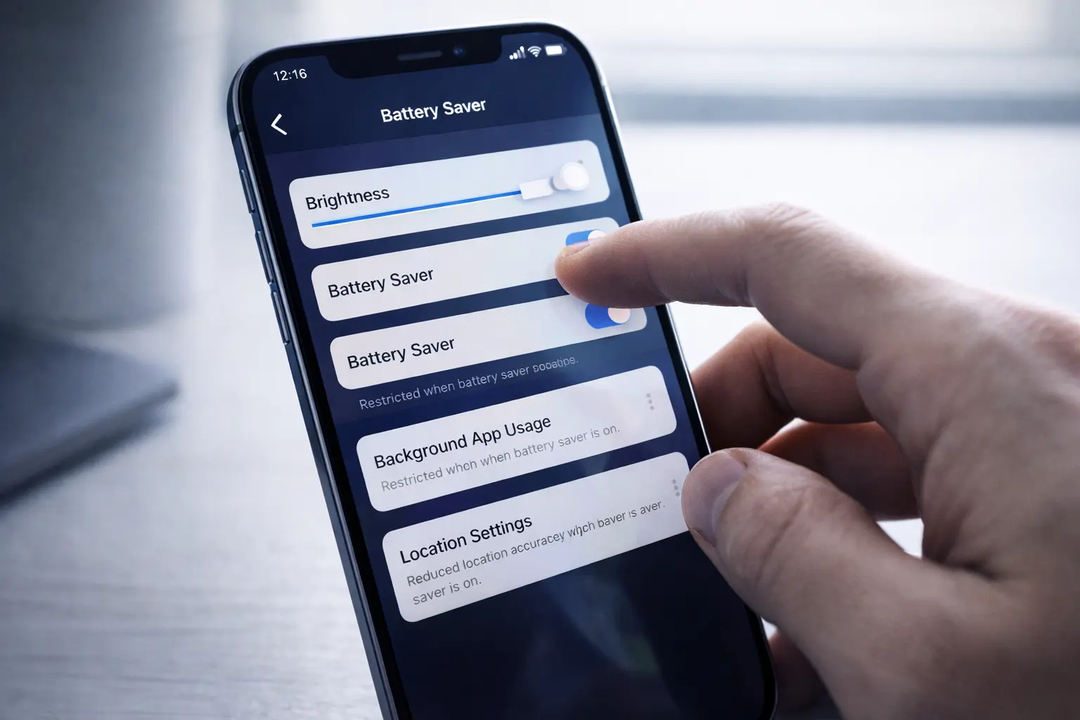 Modern smartphone on a clean desk showing battery optimization and low-power settings in a premium tech environment